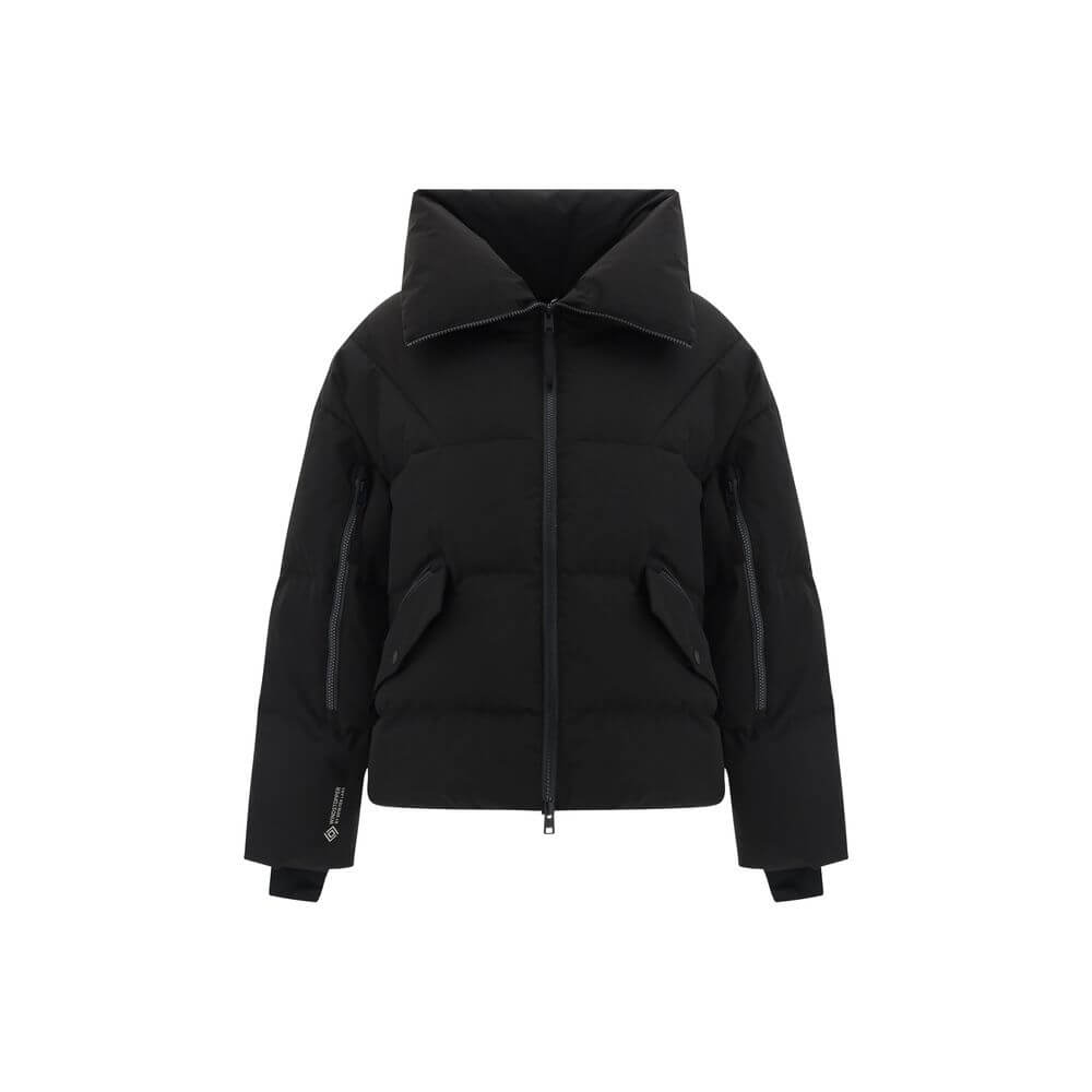 Black Polyester CoatDown Jacket by Woolrich, high collar, double-slider front zipper closure, two front patch flap pockets, two slit pockets with zipper on front panel, elasticized cuffs, adjustable hem with inside drawstring, vertical zipper on inside sl