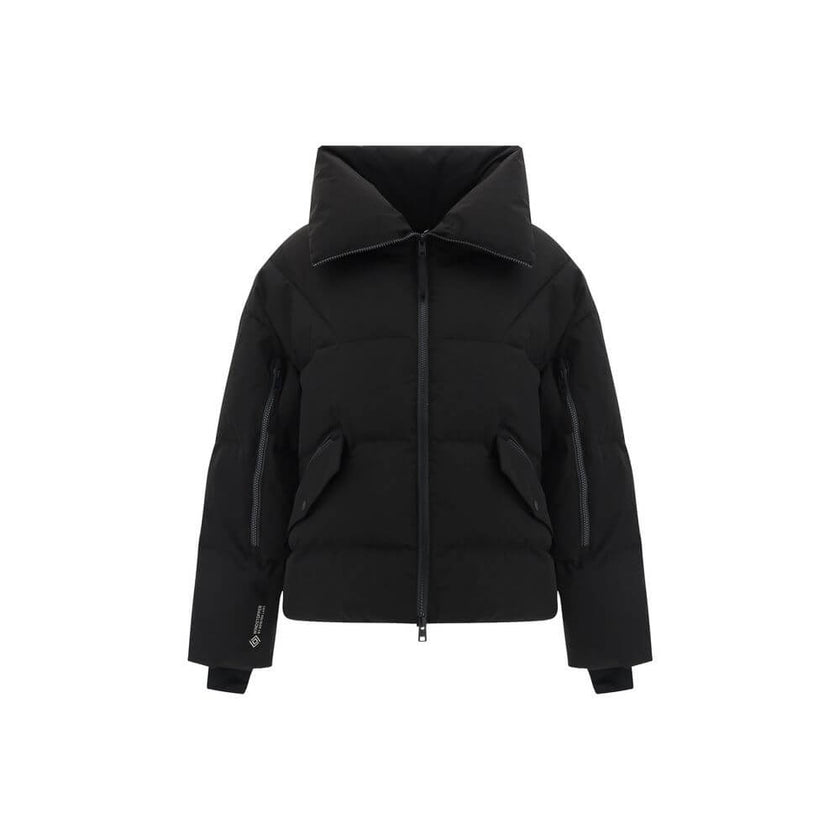 Black Polyester CoatDown Jacket by Woolrich, high collar, double-slider front zipper closure, two front patch flap pockets, two slit pockets with zipper on front panel, elasticized cuffs, adjustable hem with inside drawstring, vertical zipper on inside sl