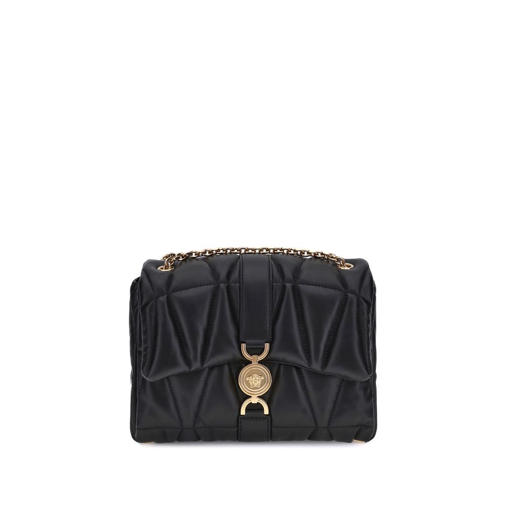 Black Calf Leather Bos Taurus Shoulder BagThe Kleio Shoulder Bag by Versace is crafted from soft quilted lambskin, embellished with the Medusa ’95 metal detail on the front, an iconic symbol of the Maison. The metal chain shoulder strap is versatile and c