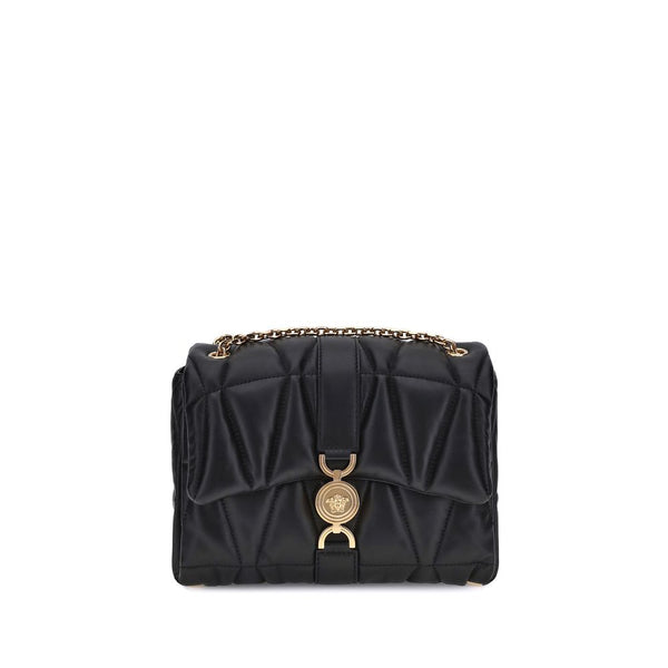 Black Calf Leather Bos Taurus Shoulder BagThe Kleio Shoulder Bag by Versace is crafted from soft quilted lambskin, embellished with the Medusa ’95 metal detail on the front, an iconic symbol of the Maison. The metal chain shoulder strap is versatile and c