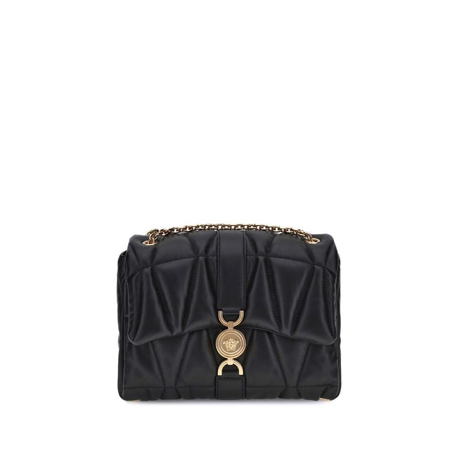 Black Calf Leather Bos Taurus Shoulder BagThe Kleio Shoulder Bag by Versace is crafted from soft quilted lambskin, embellished with the Medusa ’95 metal detail on the front, an iconic symbol of the Maison. The metal chain shoulder strap is versatile and c