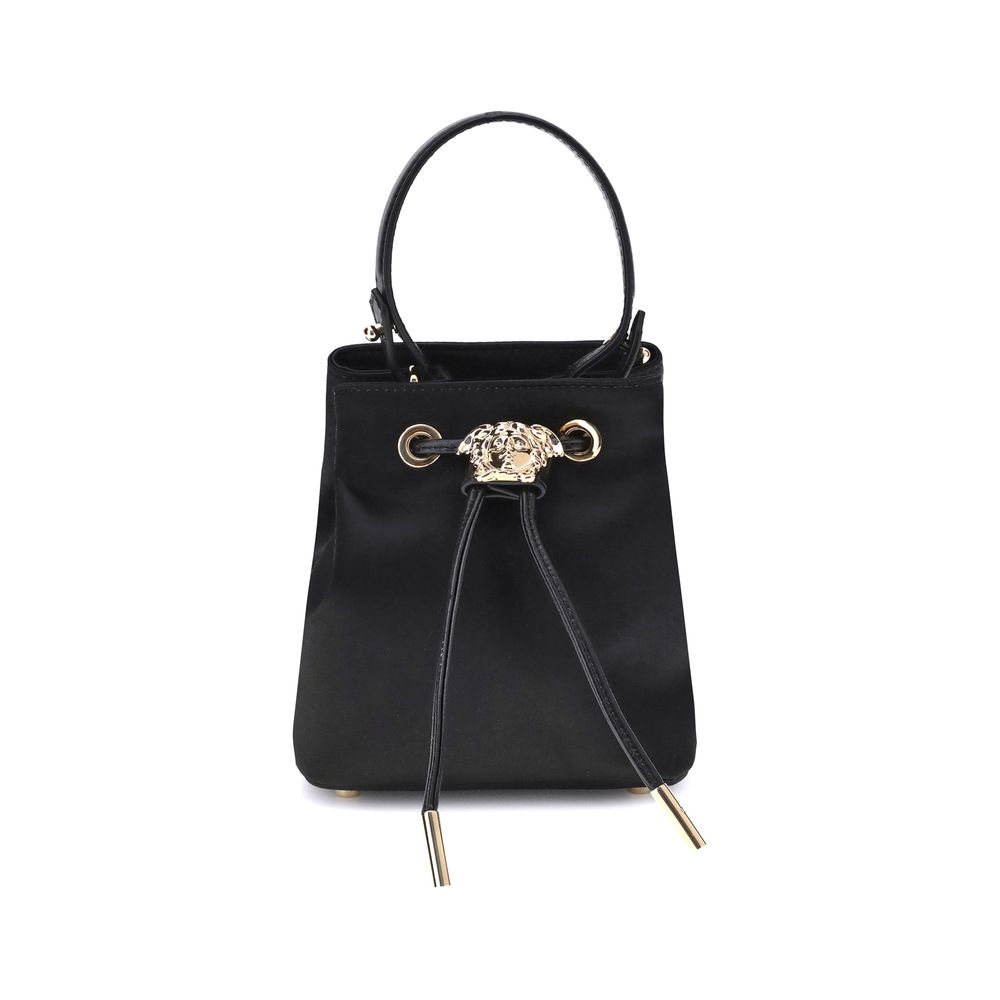 Black Viscose Shoulder BagThe Versace La Medusa Bucket Bag, crafted from satin with a shiny satin finish, is an elegant and distinctive accessory. Featuring the iconic three-dimensional emblem on the leather drawstring closure, it features a removable han