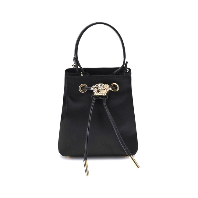 Black Viscose Shoulder BagThe Versace La Medusa Bucket Bag, crafted from satin with a shiny satin finish, is an elegant and distinctive accessory. Featuring the iconic three-dimensional emblem on the leather drawstring closure, it features a removable han