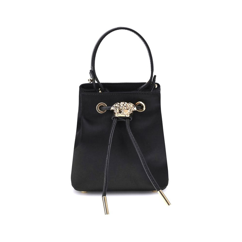 Black Viscose Shoulder BagThe Versace La Medusa Bucket Bag, crafted from satin with a shiny satin finish, is an elegant and distinctive accessory. Featuring the iconic three-dimensional emblem on the leather drawstring closure, it features a removable han