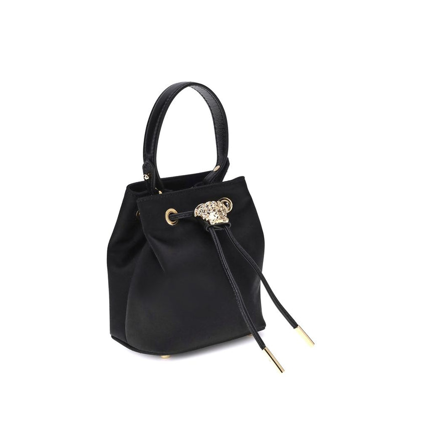 Black Viscose Shoulder BagThe Versace La Medusa Bucket Bag, crafted from satin with a shiny satin finish, is an elegant and distinctive accessory. Featuring the iconic three-dimensional emblem on the leather drawstring closure, it features a removable han