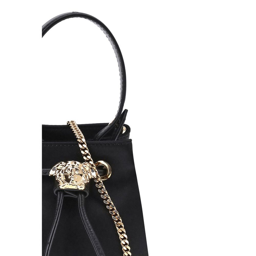 Black Viscose Shoulder BagThe Versace La Medusa Bucket Bag, crafted from satin with a shiny satin finish, is an elegant and distinctive accessory. Featuring the iconic three-dimensional emblem on the leather drawstring closure, it features a removable han