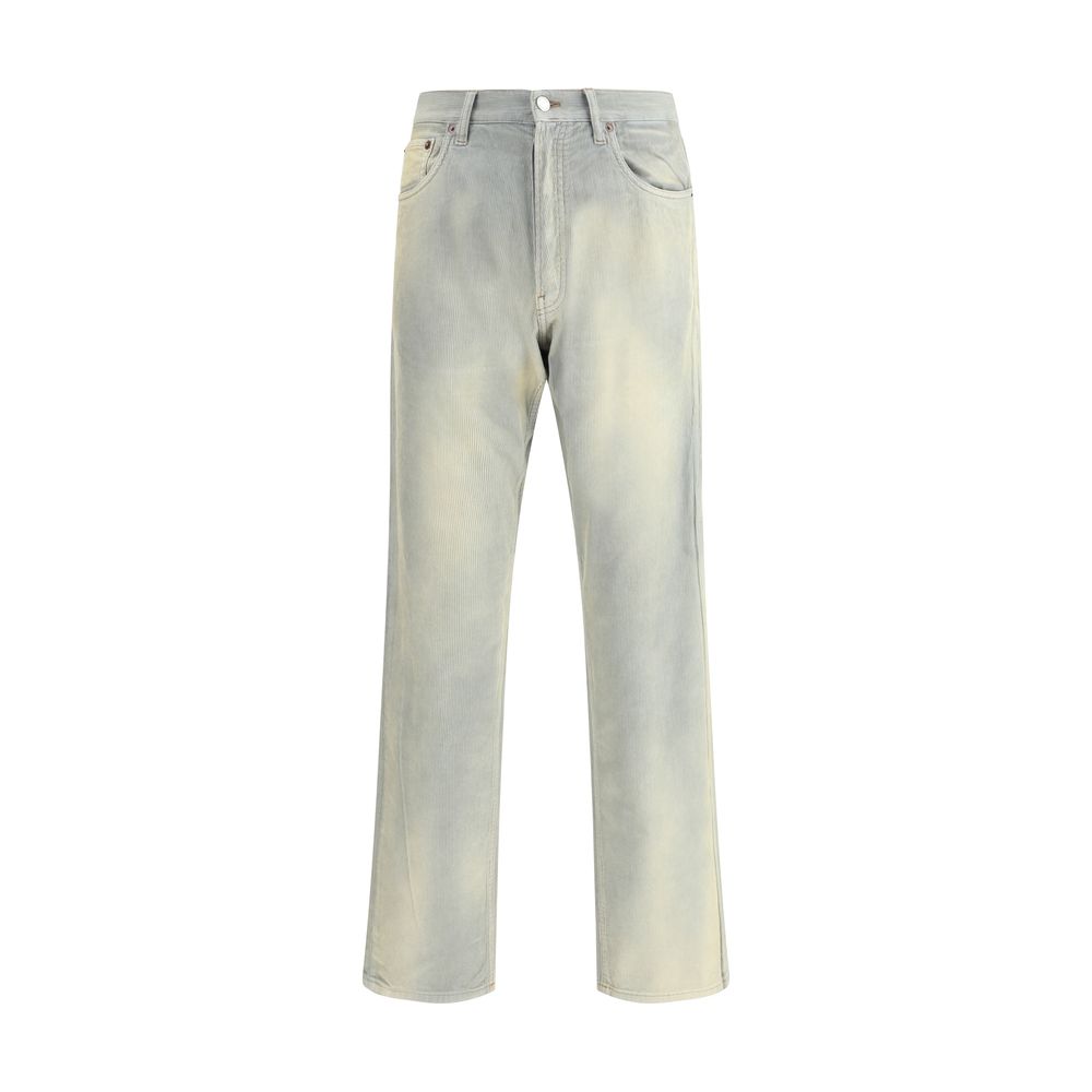 Light Blue Cotton Casual PantsFive-pocket Pants in cotton with a corduroy effect by Prada. The model features a front button fastening, belt loops at the waist and a logo patch applied on the back. The faded finish design gives the garment a lived-in and