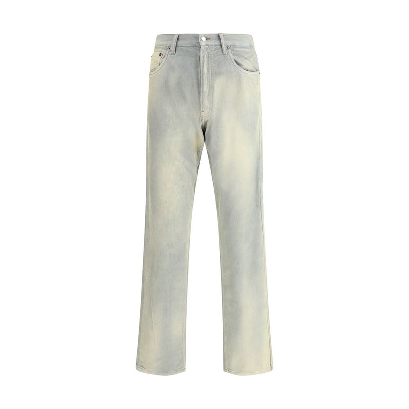 Light Blue Cotton Casual PantsFive-pocket Pants in cotton with a corduroy effect by Prada. The model features a front button fastening, belt loops at the waist and a logo patch applied on the back. The faded finish design gives the garment a lived-in and