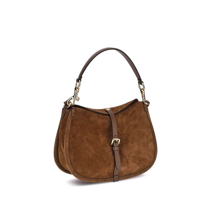 Brown Calf Leather Bos Taurus Shoulder BagThe Pony Shoulder Bag by Etro, made of suede, stands out for its double closure: the main one with a magnetic button decorated with the ETRO logo and the Pegasus, engraved with the refined coin minting technique,