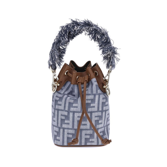Light Blue Cotton Shoulder BagThe Mon Tresor Bucket Bag by Fendi is made of denim-effect FF jacquard in shades of blue, with brown calfskin details that enhance its elegance. The interior is lined and enriched with gold-finish metal accessories. The handl