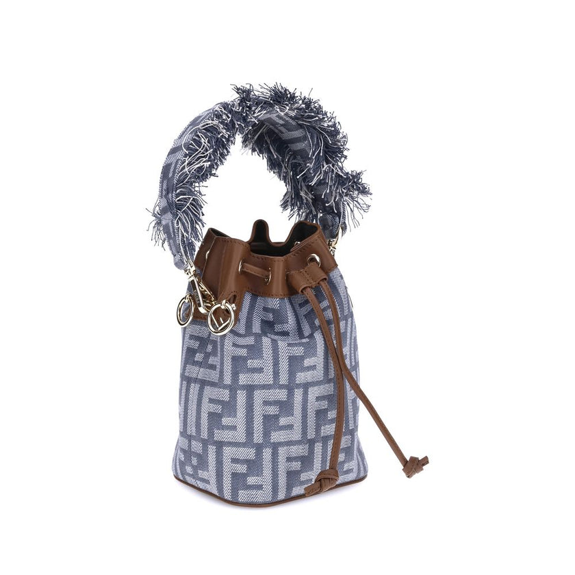 Light Blue Cotton Shoulder BagThe Mon Tresor Bucket Bag by Fendi is made of denim-effect FF jacquard in shades of blue, with brown calfskin details that enhance its elegance. The interior is lined and enriched with gold-finish metal accessories. The handl