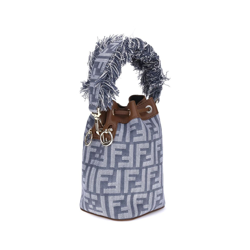 Light Blue Cotton Shoulder BagThe Mon Tresor Bucket Bag by Fendi is made of denim-effect FF jacquard in shades of blue, with brown calfskin details that enhance its elegance. The interior is lined and enriched with gold-finish metal accessories. The handl