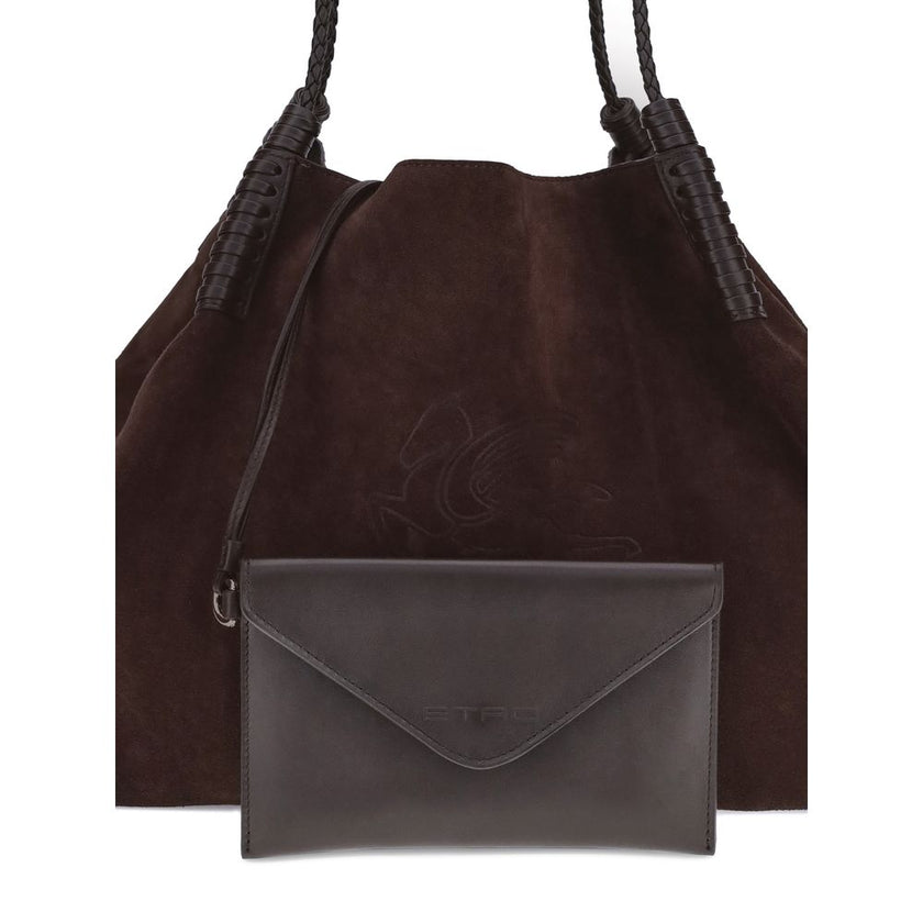Brown Calf Leather Bos Taurus Shoulder BagCrafted from soft, solid-color suede, the Etro Libra small Shoulder Bag embodies refined, artisanal style. The Pegasus logo embroidered on a leather appliqué on the front adds an iconic touch, while the braided ha