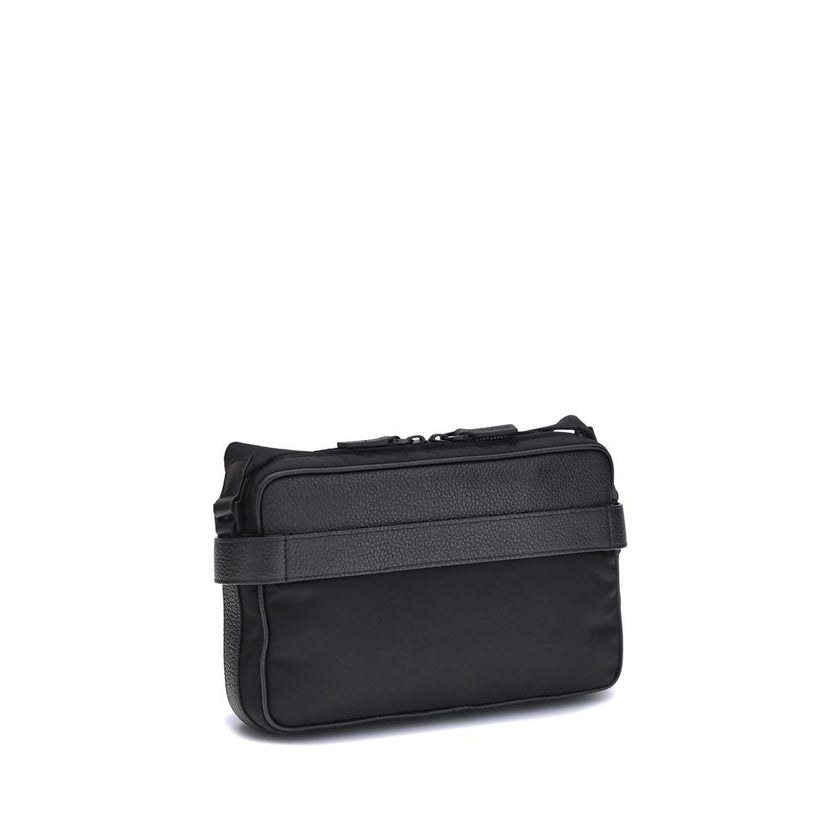 Black Calf Leather Bos Taurus Shoulder BagThe Ferragamo Gancini buckle Shoulder Bag combines style and functionality with a mix of technical fabric and hammered leather. The roomy interior with zip and a back pocket make it practical, while the patent-fin