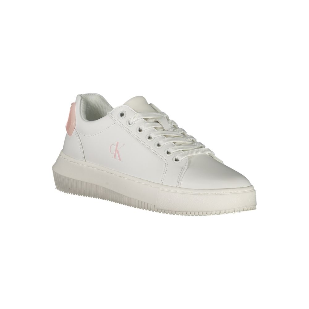 White Leather Women SneakerStep into the realm of sleek athleticism with these Calvin Klein sports shoes. Designed for the fashion-forward, they feature a crisp white backdrop accented by bold, contrasting pink details that capture the eye. The removable