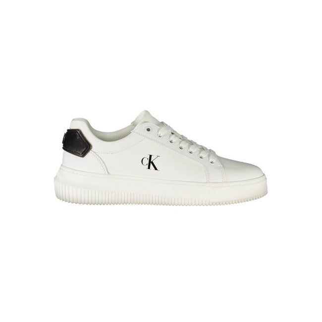 White Leather Women SneakerStep into the realm of sleek sophistication with Calvin Klein’s latest rendition of urban elegance. These sports shoes, with their crisp white demeanor accented by bold black contrasts, are more than just footwear; they’re a sta