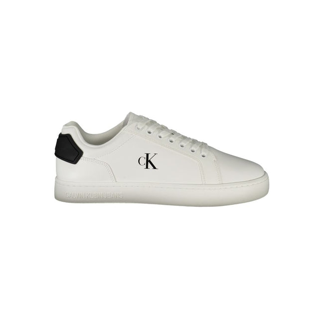 White Leather Men SneakerDiscover the epitome of chic athleticism with these Calvin Klein sports shoes, meticulously crafted to infuse your stride with confidence. These sneakers boast striking black details that make a bold statement against the crisp wh