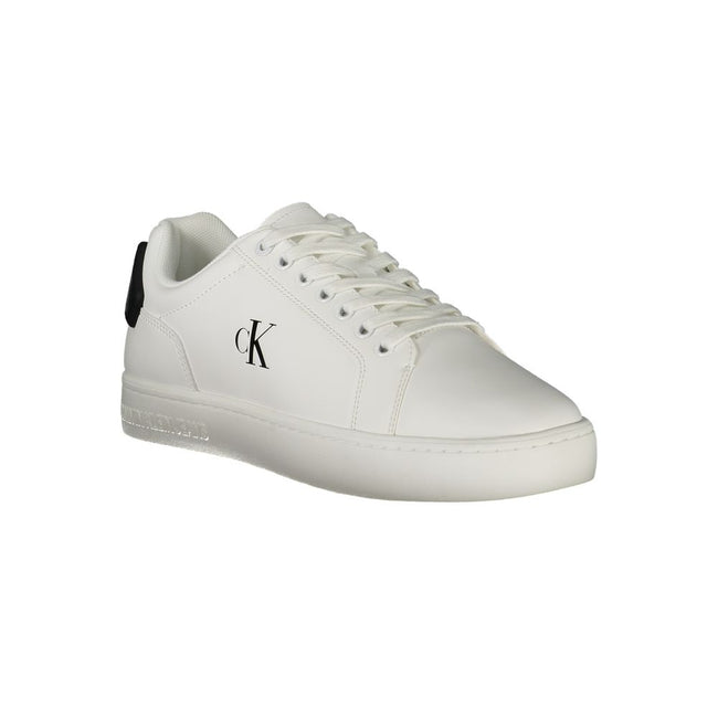White Leather Men SneakerDiscover the epitome of chic athleticism with these Calvin Klein sports shoes, meticulously crafted to infuse your stride with confidence. These sneakers boast striking black details that make a bold statement against the crisp wh
