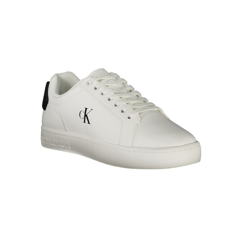 White Leather Men SneakerDiscover the epitome of chic athleticism with these Calvin Klein sports shoes, meticulously crafted to infuse your stride with confidence. These sneakers boast striking black details that make a bold statement against the crisp wh
