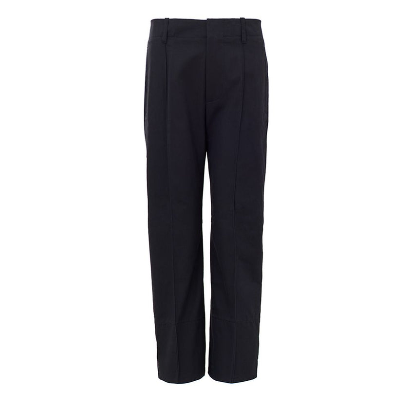Navy Blue Cotton PantBottega Veneta Navy Blue Twill Trousers. High waist, front fastening with covered hooks, two side pockets, one back pocket closed with covered zip, central seam on the leg, on the bottom openable button. Composition: 100% Cotton Inter