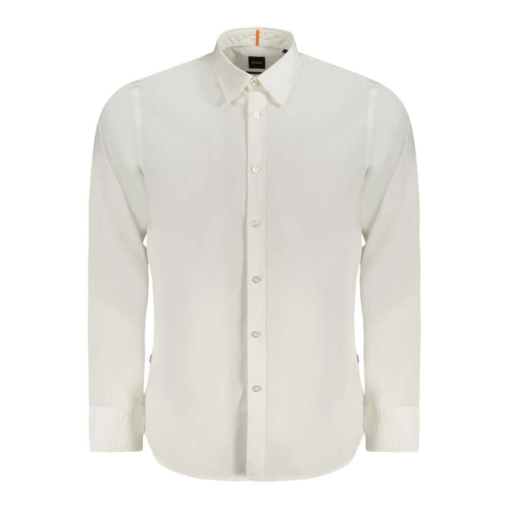 White Cotton Men ShirtElevate your wardrobe with the impeccable craftsmanship of a Hugo Boss long sleeve shirt. Tailored for a modern silhouette, this regular fit white staple is a perfect blend of sophistication and ease. Adorned with a subtle logo embro