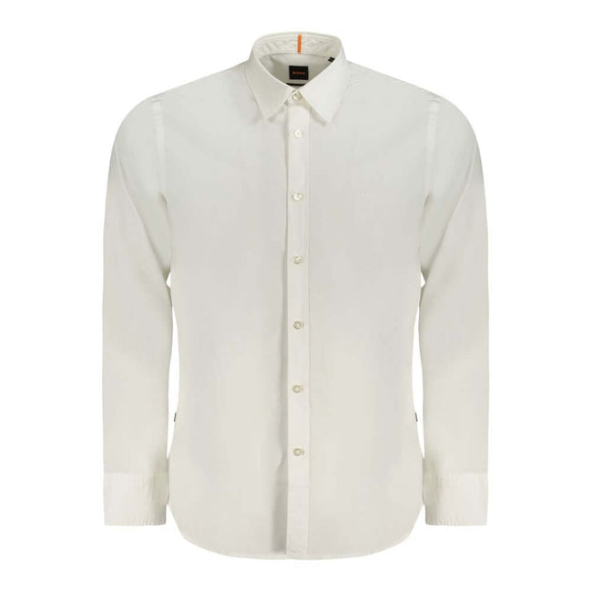 White Cotton Men ShirtElevate your wardrobe with the impeccable craftsmanship of a Hugo Boss long sleeve shirt. Tailored for a modern silhouette, this regular fit white staple is a perfect blend of sophistication and ease. Adorned with a subtle logo embro