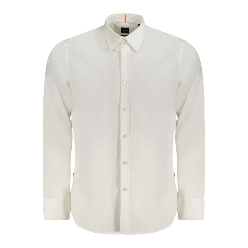White Cotton Men ShirtElevate your wardrobe with the impeccable craftsmanship of a Hugo Boss long sleeve shirt. Tailored for a modern silhouette, this regular fit white staple is a perfect blend of sophistication and ease. Adorned with a subtle logo embro