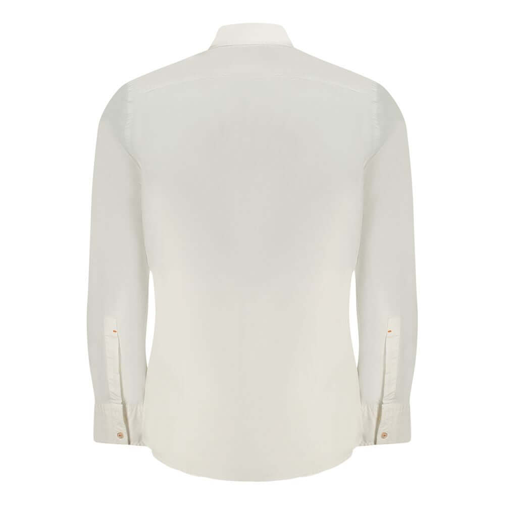 White Cotton Men ShirtElevate your wardrobe with the impeccable craftsmanship of a Hugo Boss long sleeve shirt. Tailored for a modern silhouette, this regular fit white staple is a perfect blend of sophistication and ease. Adorned with a subtle logo embro