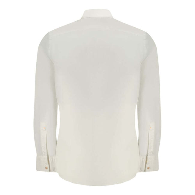 White Cotton Men ShirtElevate your wardrobe with the impeccable craftsmanship of a Hugo Boss long sleeve shirt. Tailored for a modern silhouette, this regular fit white staple is a perfect blend of sophistication and ease. Adorned with a subtle logo embro