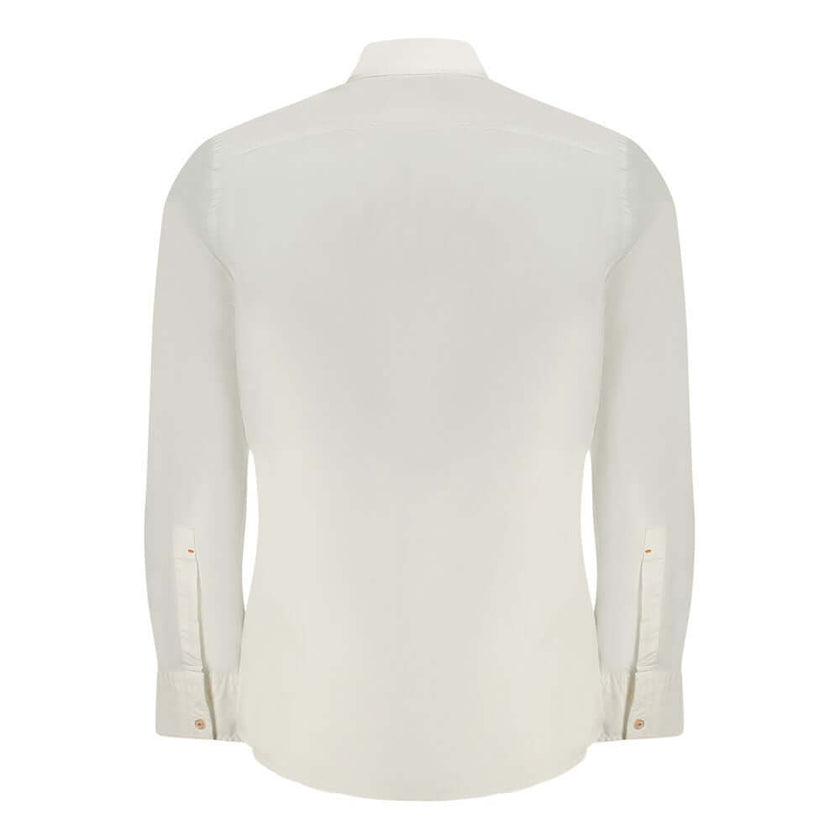 White Cotton Men ShirtElevate your wardrobe with the impeccable craftsmanship of a Hugo Boss long sleeve shirt. Tailored for a modern silhouette, this regular fit white staple is a perfect blend of sophistication and ease. Adorned with a subtle logo embro