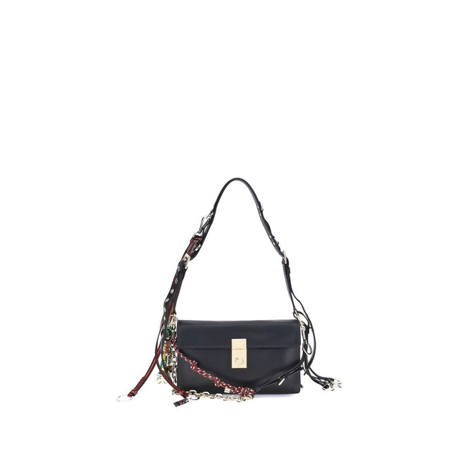 Black Calf Leather Bos Taurus Shoulder BagPrada’s Soft Sound Small Shoulder Bag combines soft lines and refined details in a compact and functional design. Made of lightly grained leather, it is embellished with a metallic logo detail on the front and rem