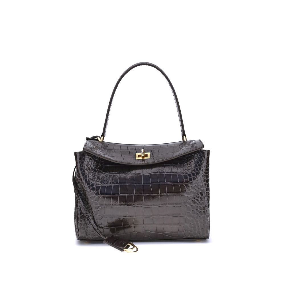 Black Calf Leather Bos Taurus Shoulder BagThe Rodeo Shoulder Bag in crocodile-print leather by Balenciaga features a top handle for a comfortable and elegant grip. The front closure is equipped with a flap and turn lock, adding a distinctive and functiona