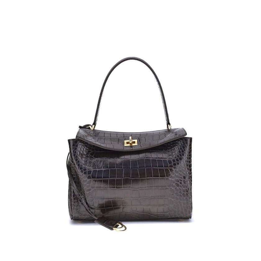 Black Calf Leather Bos Taurus Shoulder BagThe Rodeo Shoulder Bag in crocodile-print leather by Balenciaga features a top handle for a comfortable and elegant grip. The front closure is equipped with a flap and turn lock, adding a distinctive and functiona