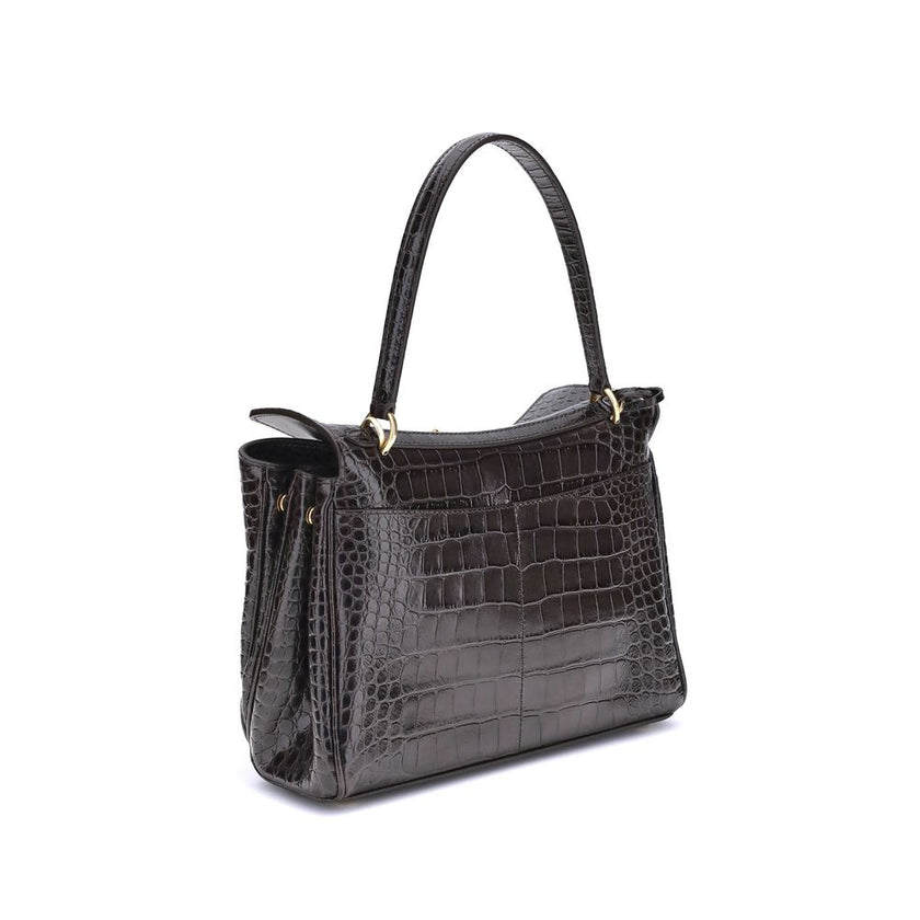 Black Calf Leather Bos Taurus Shoulder BagThe Rodeo Shoulder Bag in crocodile-print leather by Balenciaga features a top handle for a comfortable and elegant grip. The front closure is equipped with a flap and turn lock, adding a distinctive and functiona