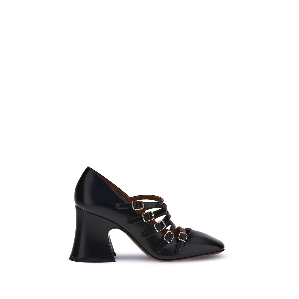 Black Calf Leather Bos Taurus High Heel PumpsThe Janis Pumps by Chloé are crafted from shiny calfskin and feature a bell-shaped block heel and slightly squared toe. The adjustable straps, embellished with gold buckles engraved with the Chloé logo, add a r