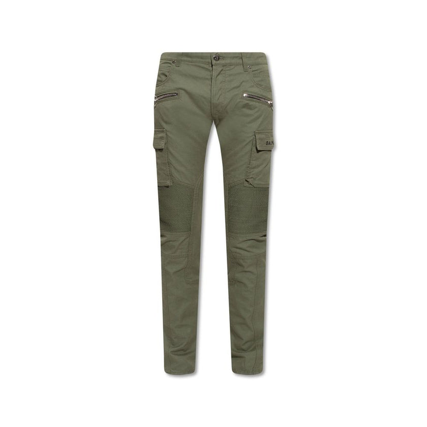 Green Cotton Cargo PantsDescription: – Composition: 100% Cotton – Belt loops – Five pockets – Two side zipped pockets – Back logo Patch – Machine wash (delicate) – Ribbed detail at the knee – Made in Italy – Gender: MEN – Size & Fit: Slim fit.Green Cotton