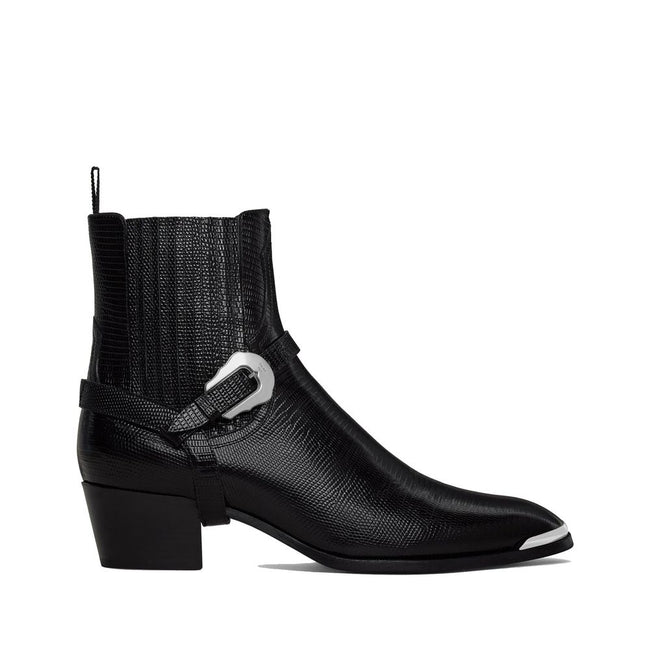 Black Calfskin Chelsea BootsDescription: – Composition: 100% calf leather – Inner: 100% Leather – Insole: 100% Leather – Sole: 100% Leather – Round toe – Heel 5 cm – Elasticated side inserts – Normal fit – Tejus Stamped Calfskin – Smooth Metal Toe – Remov