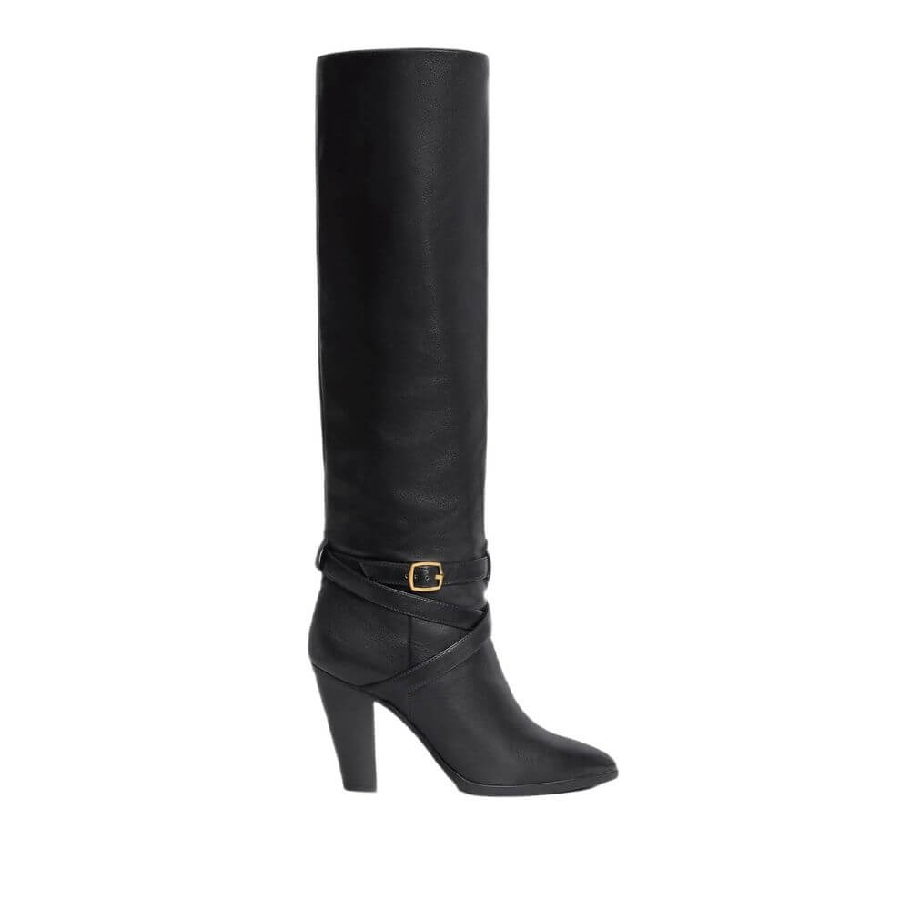 Black Calfskin High Heel BootsDescription: – Composition: 100% calf leather – Inner: 100% Leather – Insole: 100% Leather – Sole: 100% Leather – Round toe – Heel 9 cm – Embossed logo detail – Almond toe – Straps detailing and adjustable buckle in gold-tone