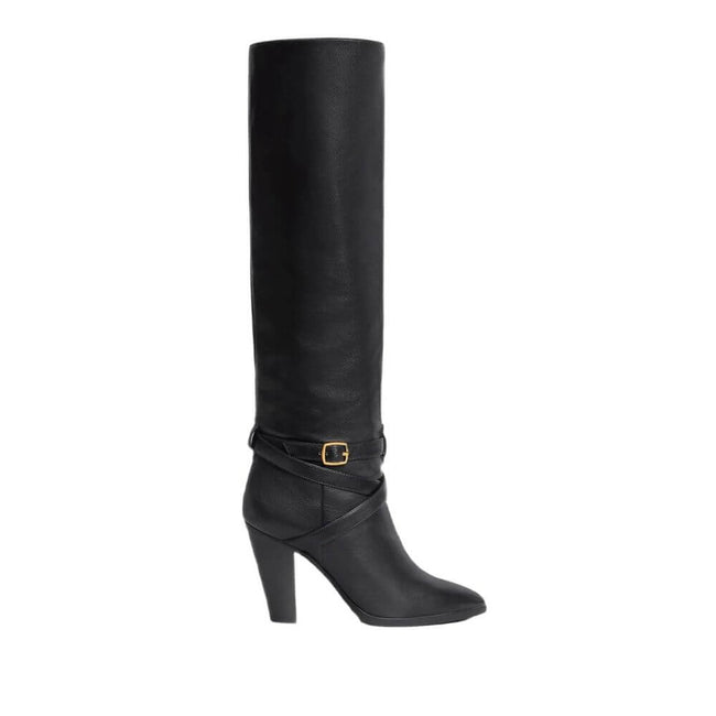 Black Calfskin High Heel BootsDescription: – Composition: 100% calf leather – Inner: 100% Leather – Insole: 100% Leather – Sole: 100% Leather – Round toe – Heel 9 cm – Embossed logo detail – Almond toe – Straps detailing and adjustable buckle in gold-tone