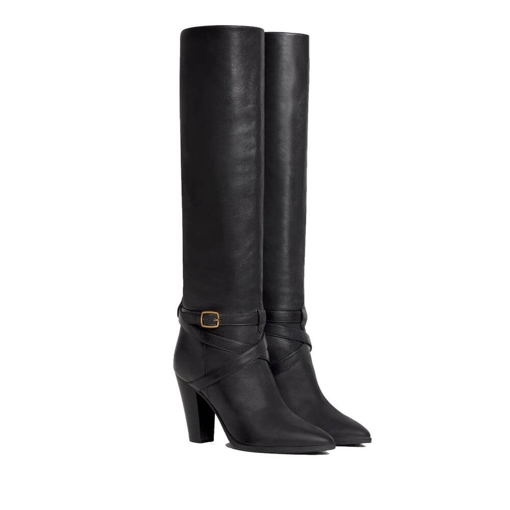 Black Calfskin High Heel BootsDescription: – Composition: 100% calf leather – Inner: 100% Leather – Insole: 100% Leather – Sole: 100% Leather – Round toe – Heel 9 cm – Embossed logo detail – Almond toe – Straps detailing and adjustable buckle in gold-tone