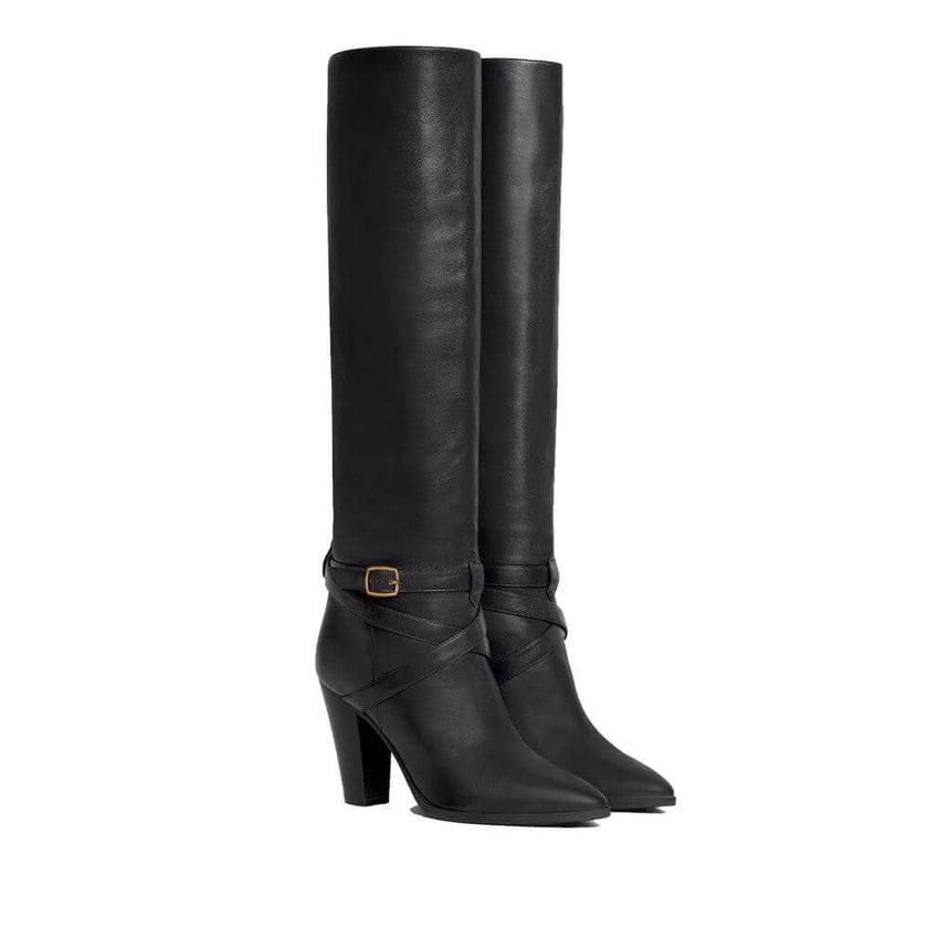 Black Calfskin High Heel BootsDescription: – Composition: 100% calf leather – Inner: 100% Leather – Insole: 100% Leather – Sole: 100% Leather – Round toe – Heel 9 cm – Embossed logo detail – Almond toe – Straps detailing and adjustable buckle in gold-tone