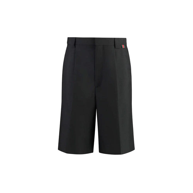 Black Polyester Bermuda ShortsDescription: – Composition: 55% Polyester 45% Wool – Two side pockets – Dry clean – Belt loops – Zip and hook & eye closure – Two back welt pockets – Distinctive green-red-green web detail – Made in Italy – Gender: MEN – Size