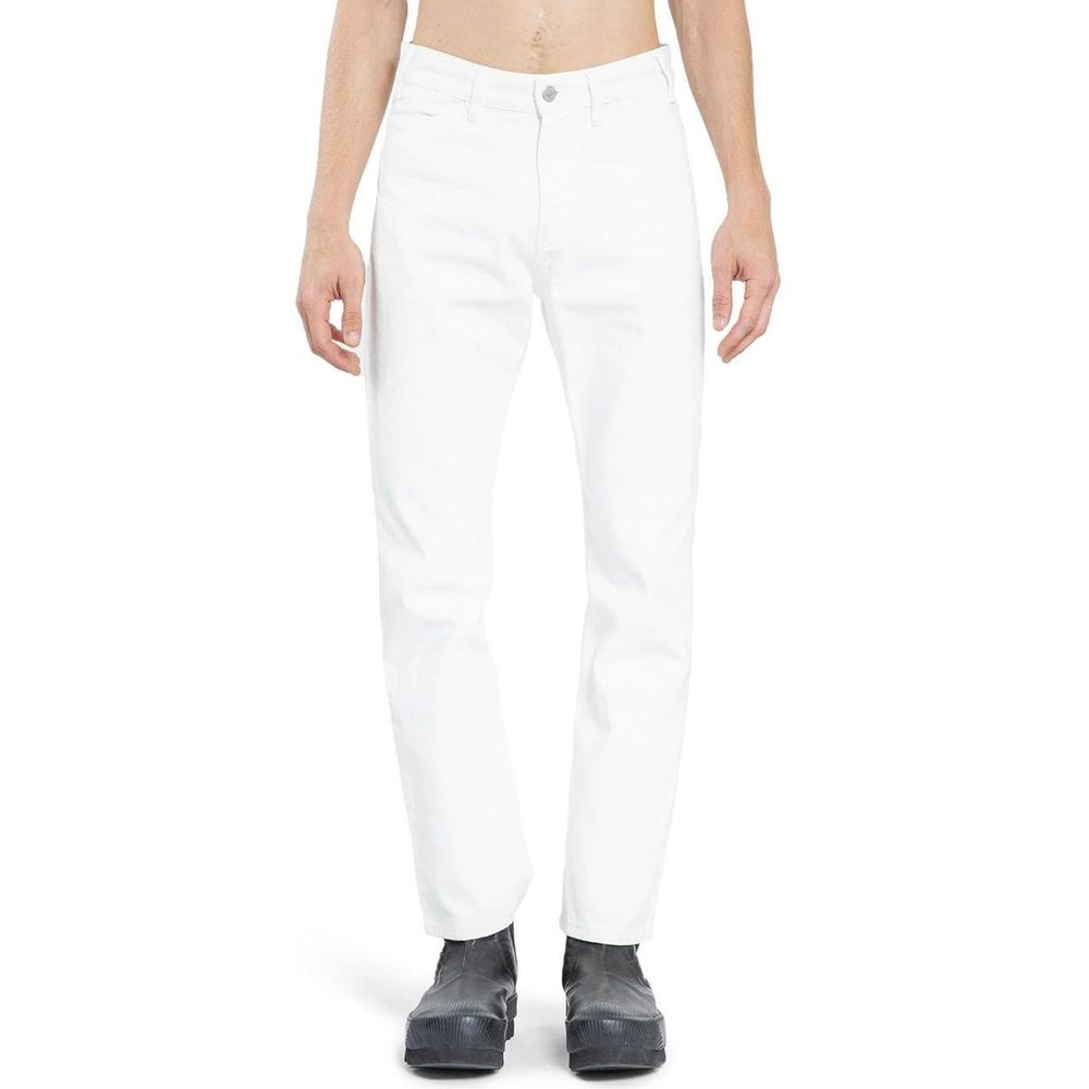 White Cotton Straight-Leg JeansDescription: – Composition: 100% Cotton – Belt loops – Five pockets – Button and zip closure – Straight legs – Machine wash (delicate) – Mid-rise – Made in Italy – Gender: MEN – Size & Fit: Classic fit.White Cotton Straight-