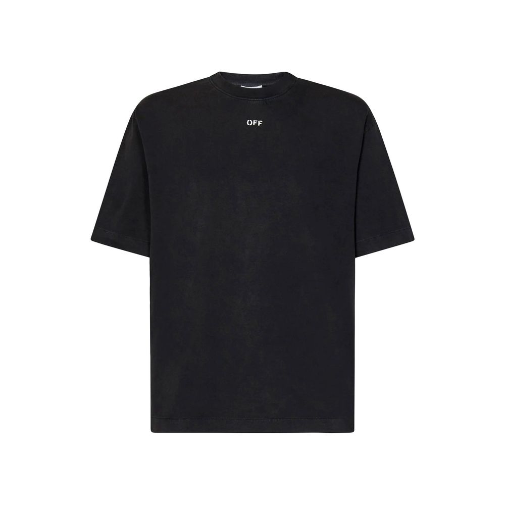 Black Cotton T-ShirtDescription: – Composition: 100% Cotton – Ribbed trims – Short sleeve – Dropped shoulders – Straight hem – Machine wash (delicate) – Boxy silhouette – Mock neck – Graffiti-style OFF logo print on the chest – Glossy graphics on the back