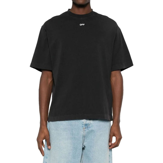 Black Cotton T-ShirtDescription: – Composition: 100% Cotton – Ribbed trims – Short sleeve – Dropped shoulders – Straight hem – Machine wash (delicate) – Boxy silhouette – Mock neck – Graffiti-style OFF logo print on the chest – Glossy graphics on the back
