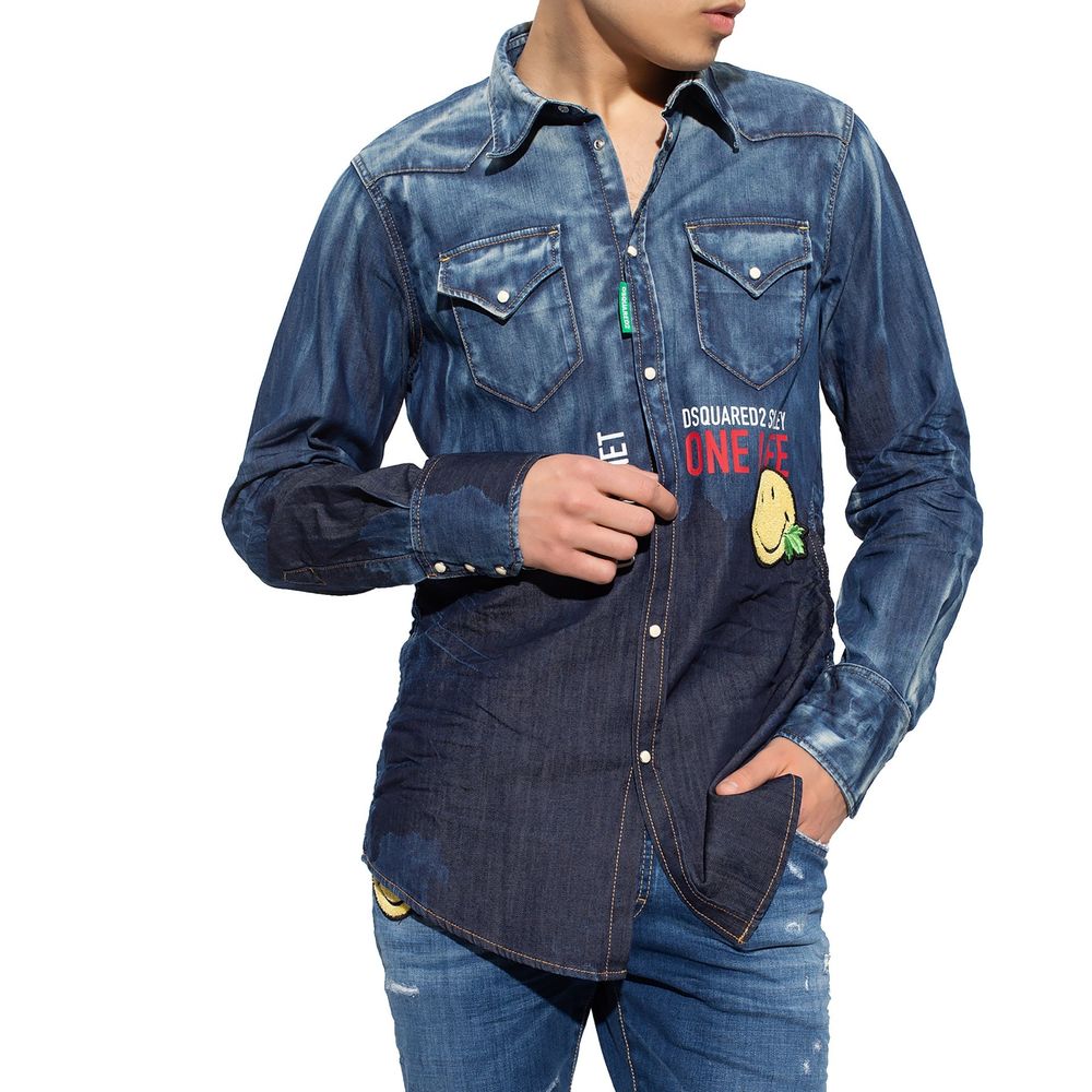 Blue Denim ShirtDescription: – Composition: 98% Cotton 2% Elastane – Long sleeves – Shirt collar – Curved hem – Press button closure – Made in Italy – Gender: MEN –Blue Denim Shirt${tagsDsquared²Aulae Blue Denim Shirt Dsquared²Aulae Blue Denim Shirt Descr