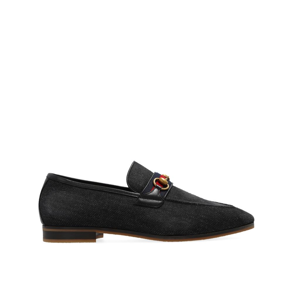 Black Fabric Slip-On LoafersDescription: – Composition: 100% Fabric – Inner: Leather – Insole: Leather – Sole: Rubber – Leather detail – Almond toe – Slip-on design – Web stripe on the front – Gold-tone horsebit hardware – Made in Italy – Gender: MEN –Bla