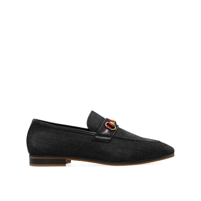 Black Fabric Slip-On LoafersDescription: – Composition: 100% Fabric – Inner: Leather – Insole: Leather – Sole: Rubber – Leather detail – Almond toe – Slip-on design – Web stripe on the front – Gold-tone horsebit hardware – Made in Italy – Gender: MEN –Bla