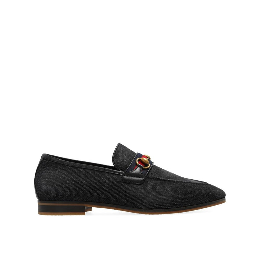 Black Fabric Slip-On LoafersDescription: – Composition: 100% Fabric – Inner: Leather – Insole: Leather – Sole: Rubber – Leather detail – Almond toe – Slip-on design – Web stripe on the front – Gold-tone horsebit hardware – Made in Italy – Gender: MEN –Bla