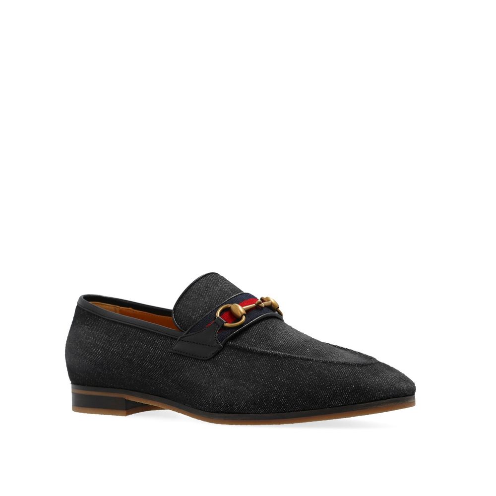 Black Fabric Slip-On LoafersDescription: – Composition: 100% Fabric – Inner: Leather – Insole: Leather – Sole: Rubber – Leather detail – Almond toe – Slip-on design – Web stripe on the front – Gold-tone horsebit hardware – Made in Italy – Gender: MEN –Bla